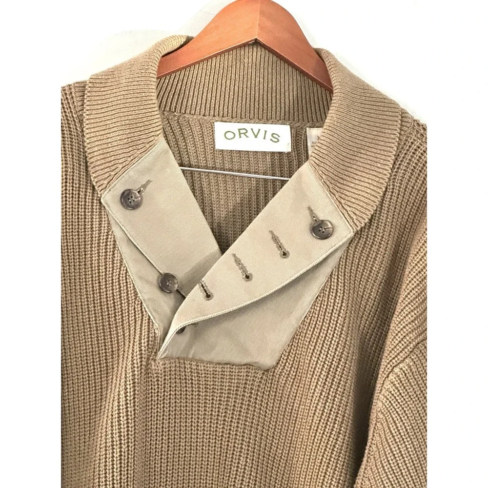 Vintage Orvis Ribbed Knit Sweater Men Size XL Khaki Military Shawl Elbow Patches